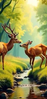 Three deer standing by a serene forest stream.