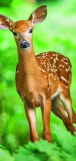 Deer standing in a lush green forest, showcasing nature's tranquility.