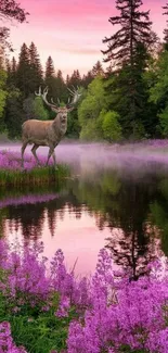 A deer stands in a lavender meadow by a misty lake at sunrise.