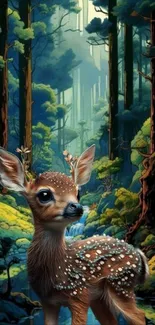Serene deer standing in a lush, mystical forest.