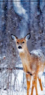 Serene deer standing in a snowy forest surrounded by falling snowflakes.