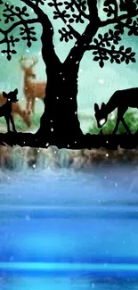 Deer silhouette with blue and green forest background.