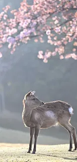 A deer stands beneath cherry blossoms in a serene, sunlit meadow setting.