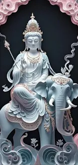 Serene statue of a deity riding an elephant.