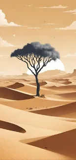 Desert landscape with lone tree and sandy dunes in warm tones.