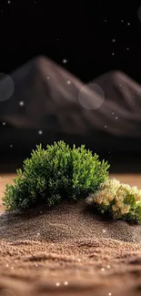 Lush green shrubs on desert sand under starry night sky.