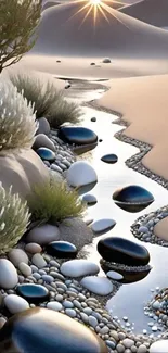 Serene desert oasis with stones and sun.