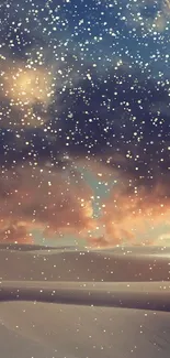 A serene desert at sunset with colorful clouds and sand dunes.