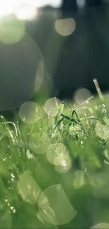 Close-up of dew on green grass with soft sunlight bokeh.
