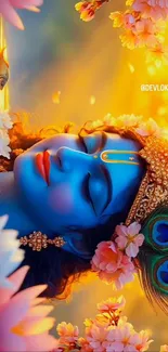 Divine blue deity with blossoms and golden backdrop.
