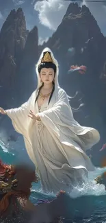 Serene spiritual figure in fantasy landscape with mountains and water.