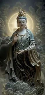 Divine figure in clouds with serene spiritual ambiance.