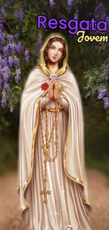 Holy figure in serene lavender surroundings on mobile wallpaper.