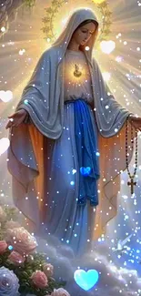 Divine figure with glowing hearts and celestial light, mobile wallpaper.