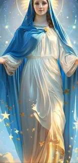 Divine figure in blue robe with celestial background.