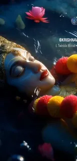 Divine figure in water with colorful lotus blossoms surrounding.