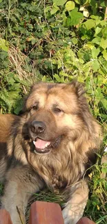 Fluffy dog relaxing in green forest setting.