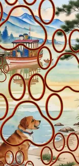 Wallpaper featuring a serene dog by a lakeside with artistic paw prints.