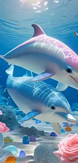 Vibrant underwater scene with dolphins and coral.