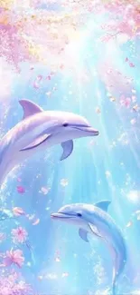 Dolphins swimming in a dreamy, floral sea.