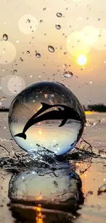 Dolphin silhouette inside a water droplet against a sunset backdrop.