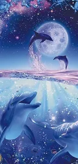 Fantasy dolphins diving under moonlit ocean scenery.