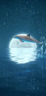 Dolphin leaping under the full moonlight on a starry ocean night.