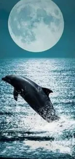 Dolphin jumping in moonlit ocean under full moon.