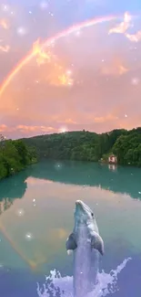 Dolphin leaps beneath a rainbow over a serene lake.