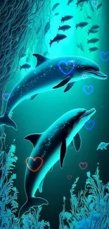 Underwater dolphins in a vibrant teal ocean scene.