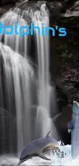 Dolphins swimming by a waterfall with serene blue tones.