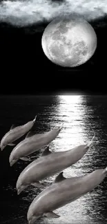 Dolphins swim gracefully under a full moon, casting reflections on the ocean surface.