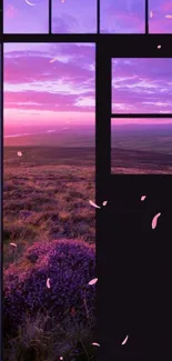 Open door with serene purple dusk sky view.