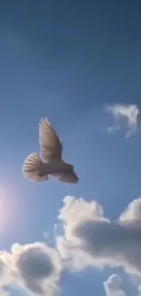 A white dove soaring under a bright blue sky with clouds.