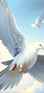 Elegant dove flying in a clear blue sky.