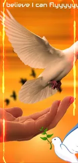 Dove flying from a hand against an orange sunset sky.