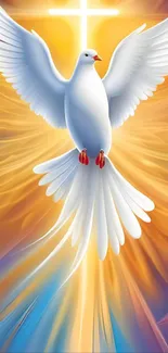 Serene white dove with radiant cross, warm glow background.