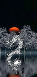 White dragon with frosty trees and red moon in serene landscape wallpaper.