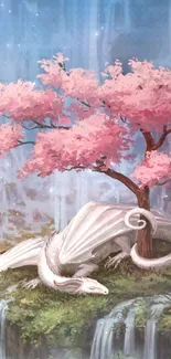 Dragon resting under cherry blossom tree in serene fantasy landscape.