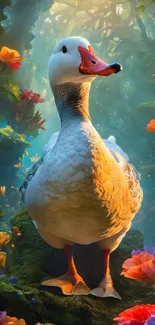 Duck in a vibrant fantasy forest filled with colorful flowers.