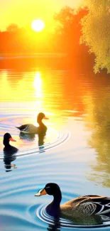 Serene sunset with ducks on a tranquil lake.