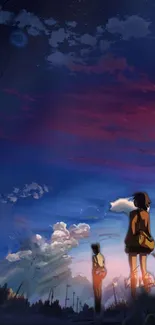 Anime-inspired dusk scene with vibrant sky and figures.