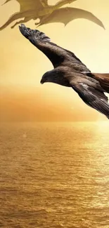 Majestic eagle soaring over golden ocean at sunset