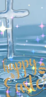 Easter cross over water with sparkles and 'Happy Easter' text.