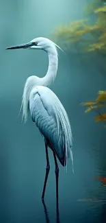 Elegant egret in misty blue waters with tranquil foliage.