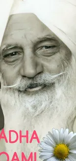 Portrait of an elderly man with a flower and the text 'Radha Soami'.