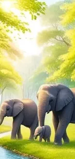 Elephant family walking through a sunlit forest.