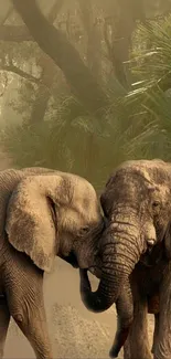 Two elephants gently interacting in a jungle setting with lush green foliage.