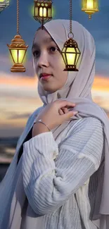 Woman in hijab with lanterns against a serene evening sky.