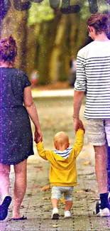 Family walking in a tranquil park with green trees and fallen leaves.